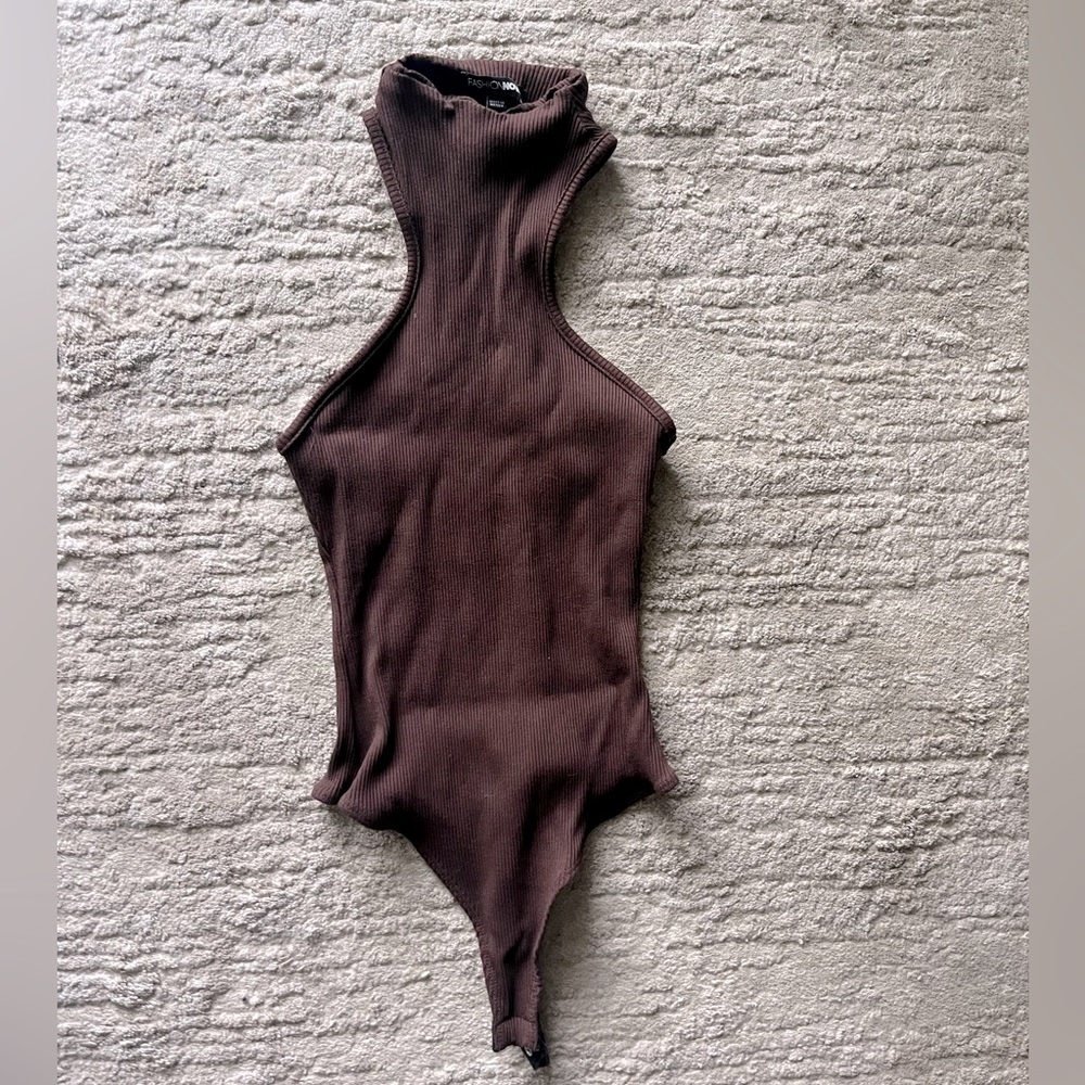Chocolate Ribbed High Neck Bodysuit